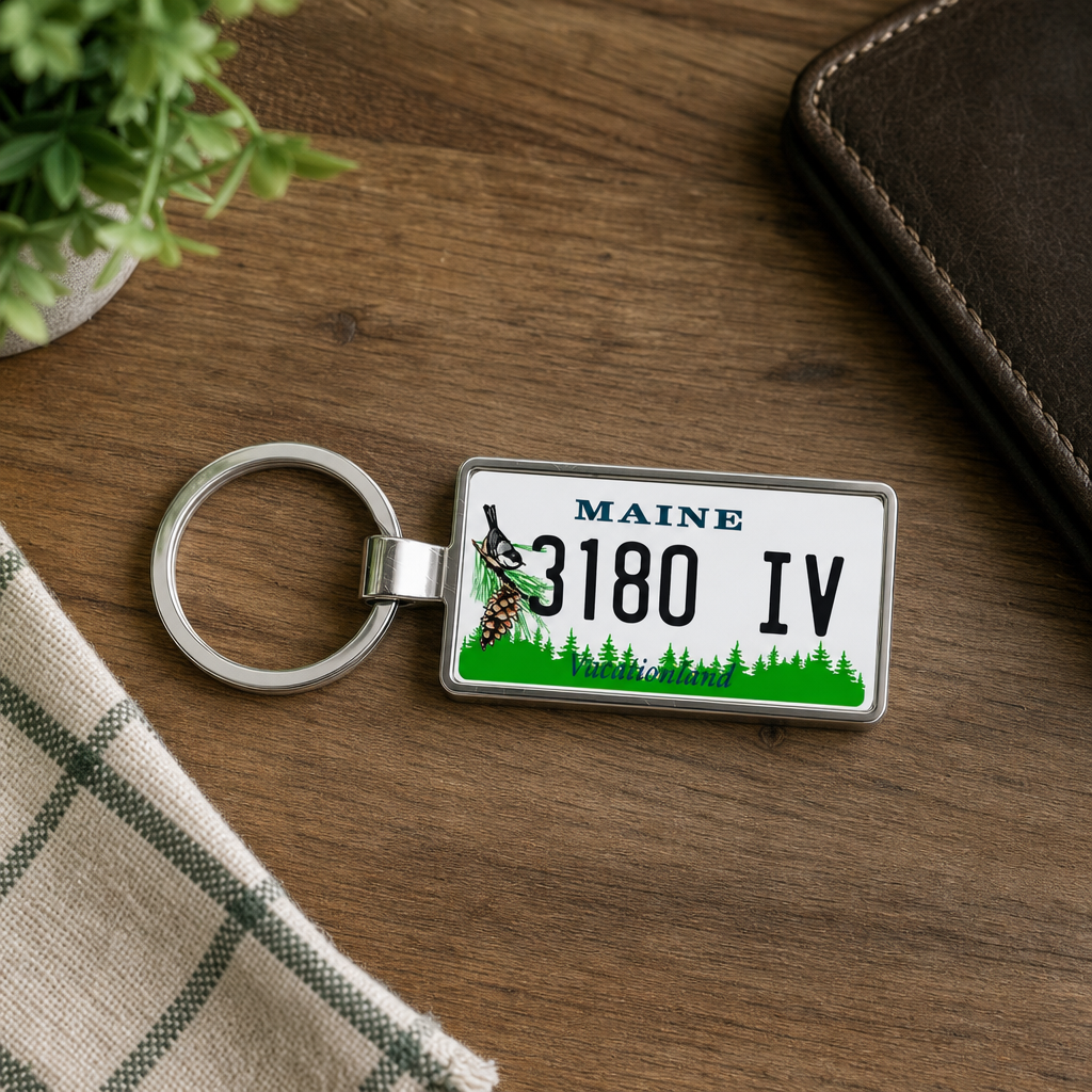 Maine 3180 IV license plate keychain on_wood