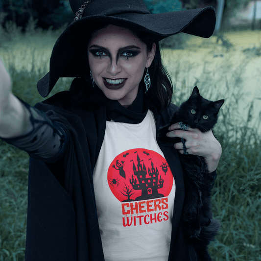 Halloween Cheers Witches T-Shirt - Spooky Castle & Ghosts Design