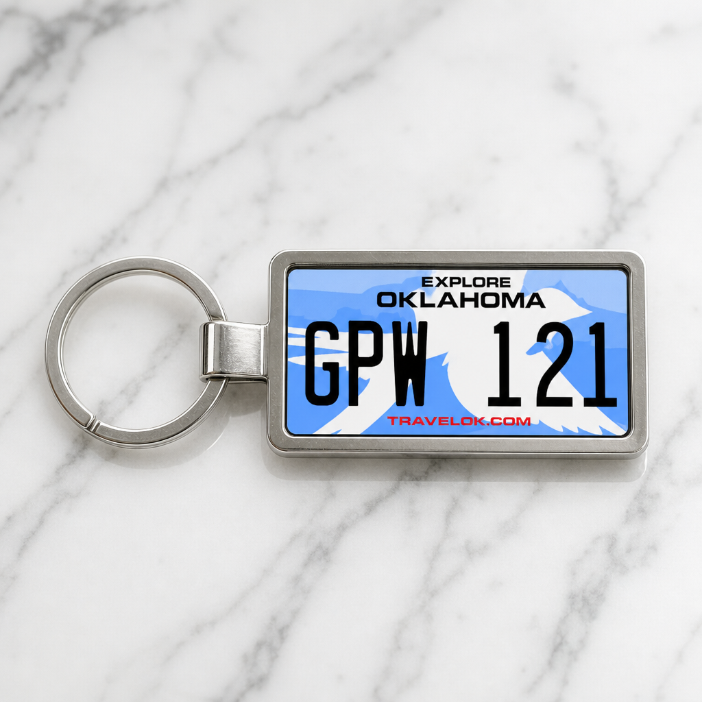 Oklahoma GPW 121 license plate keychain on_marble