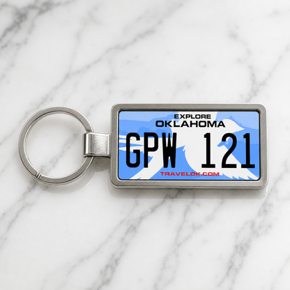 Oklahoma GPW 121 license plate keychain on_marble