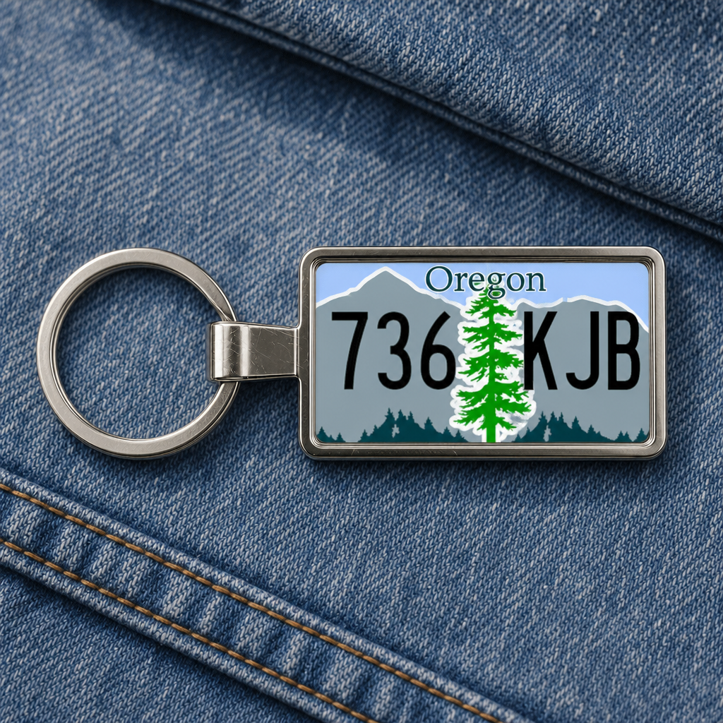 Oregon 736 KJB license plate keychain on_denim