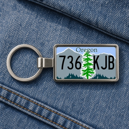 Oregon 736 KJB license plate keychain on_denim