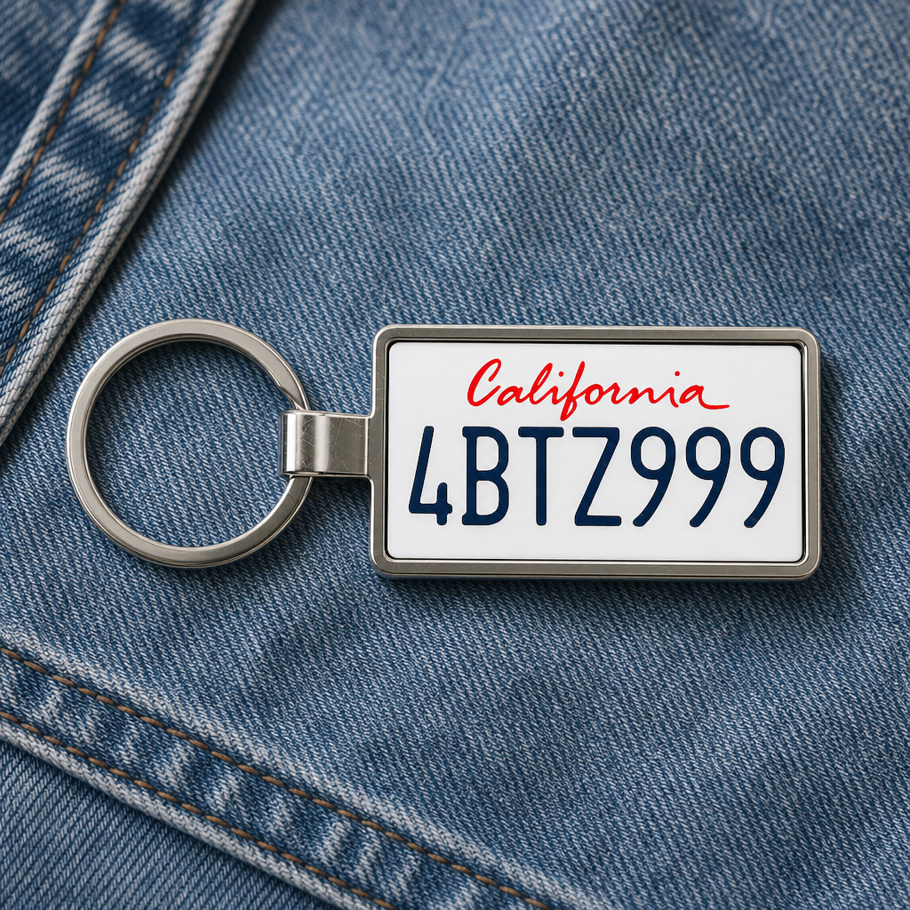 California 4BTZ999 license plate keychain on denim