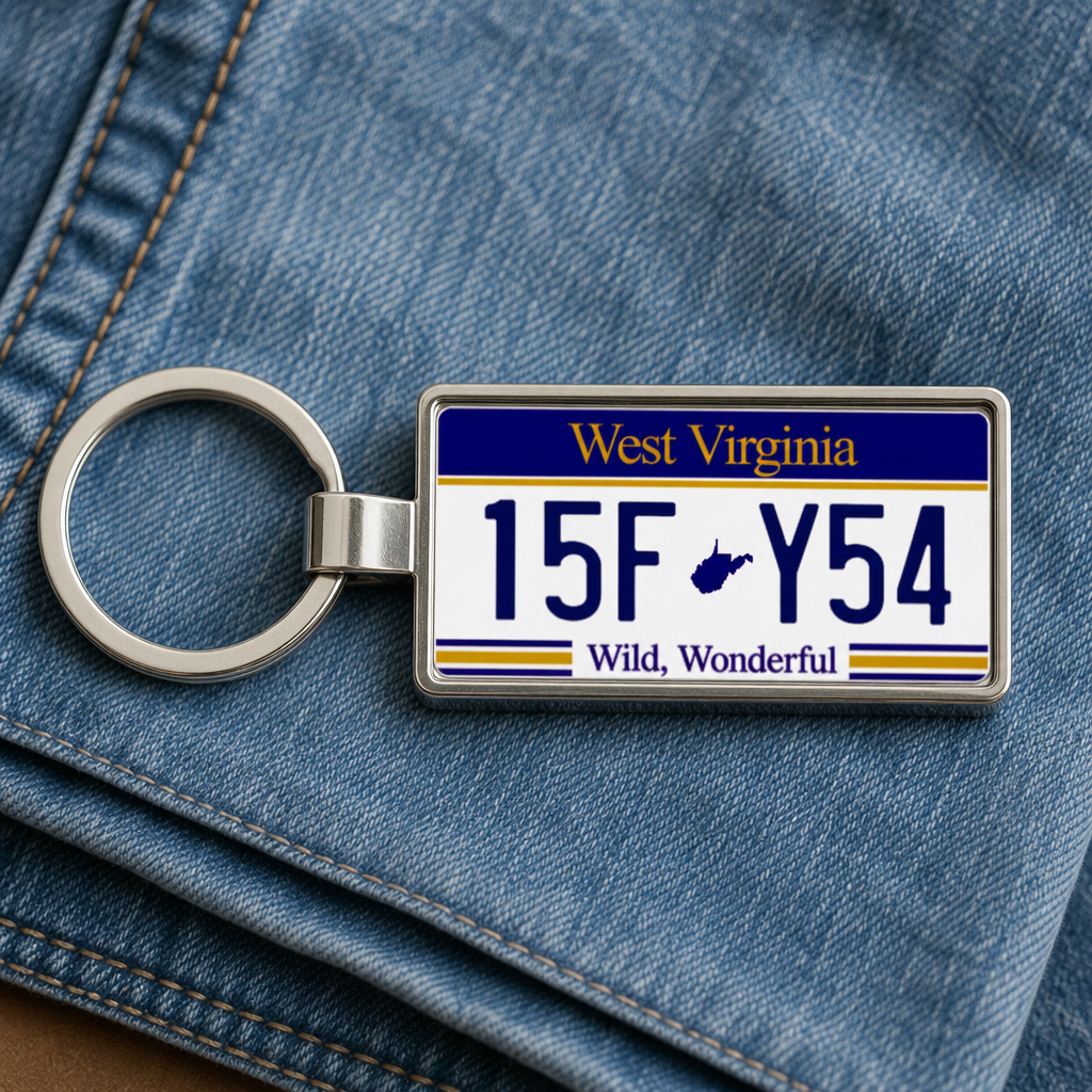 West Virginia license plate keychain on denim