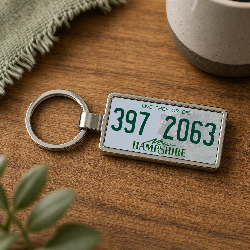 New Hampshire 397 2063 license plate keychain on_wood