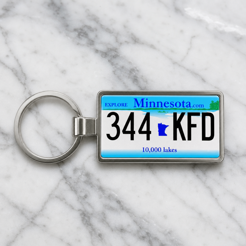 Minnesota 344 KFD license plate keychain on_marble