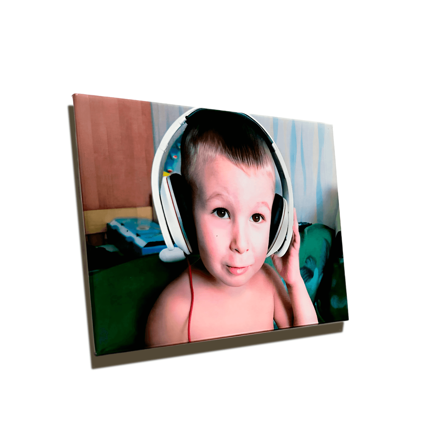 Custom photo magnet featuring a smiling boy wearing headphones, perfect for personalizing your fridge.