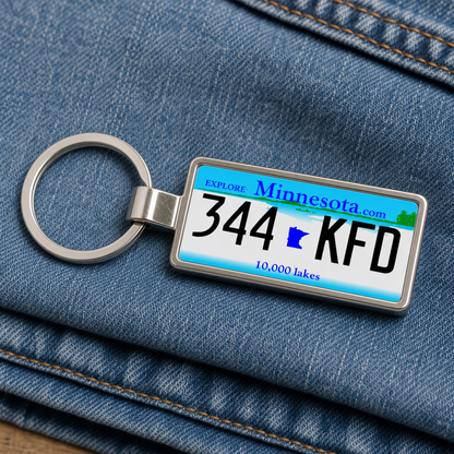 Minnesota 344 KFD license plate keychain on_denim