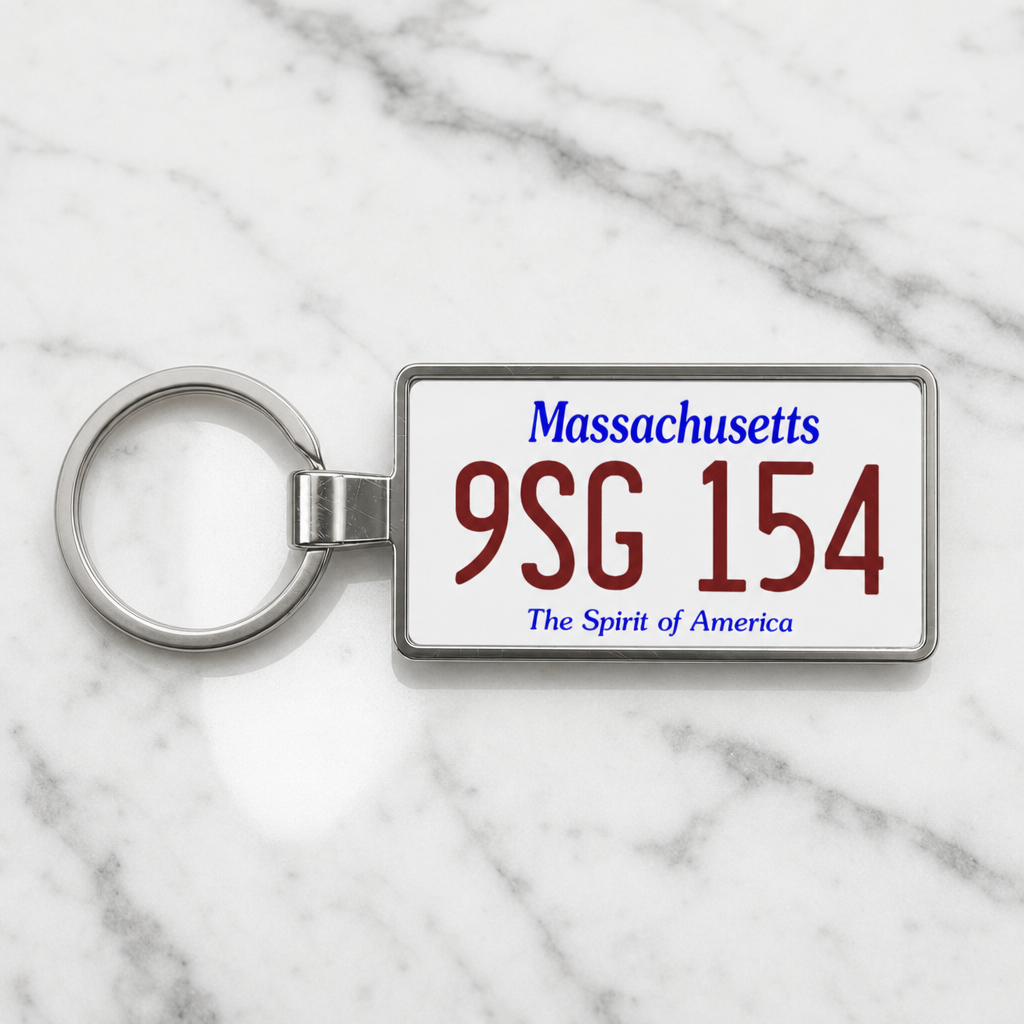 Massachusetts 9SG 154 license plate keychain on_marble