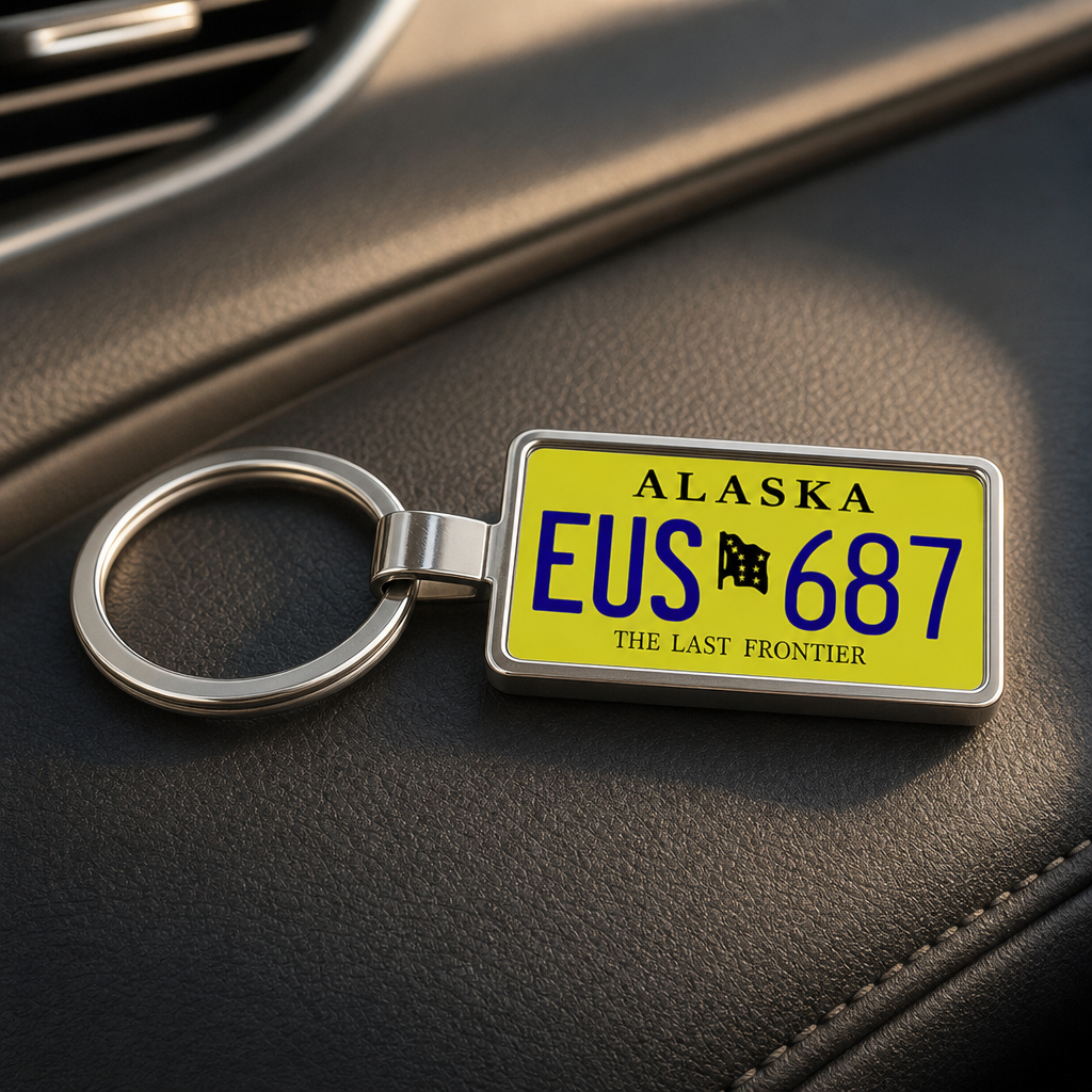 Alaska EUS 687 license plate keychain on_dashboard