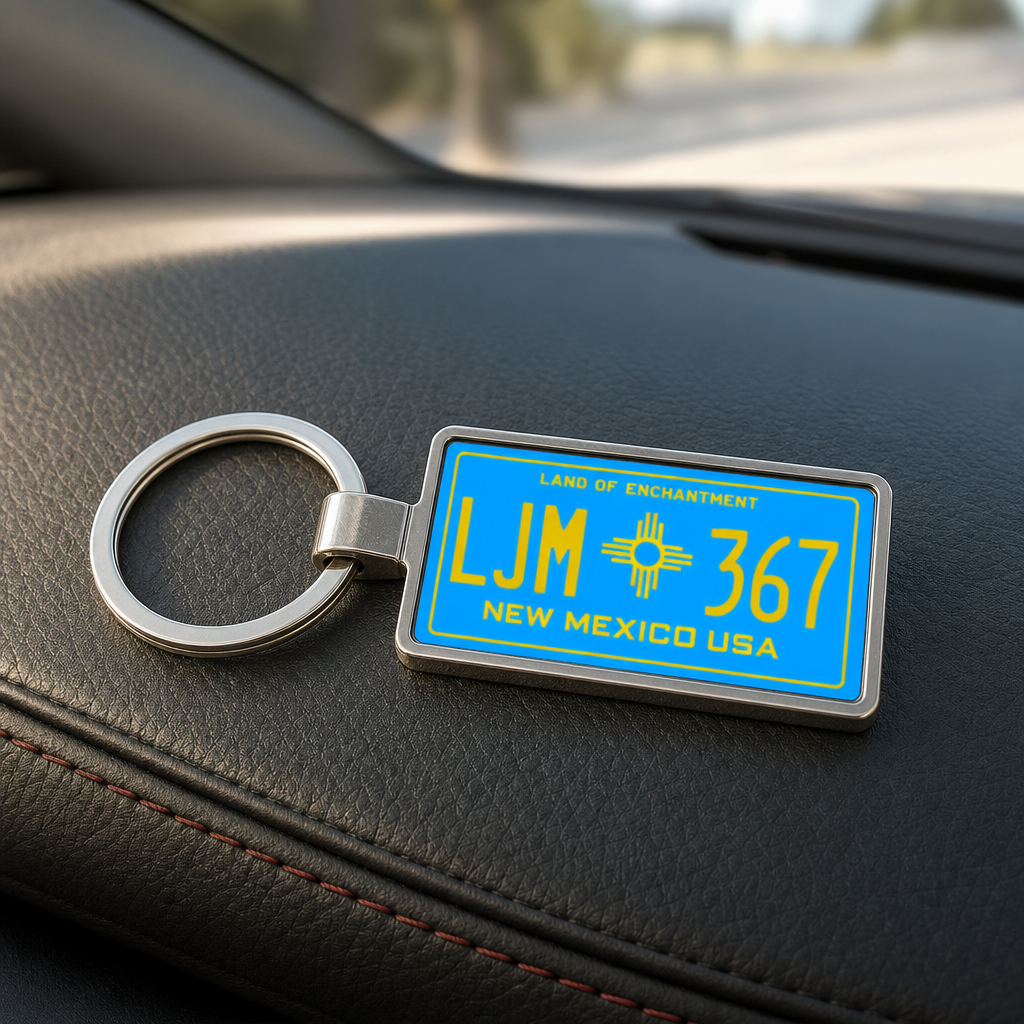 New Mexico LM 367 license plate keychain on_dashboard