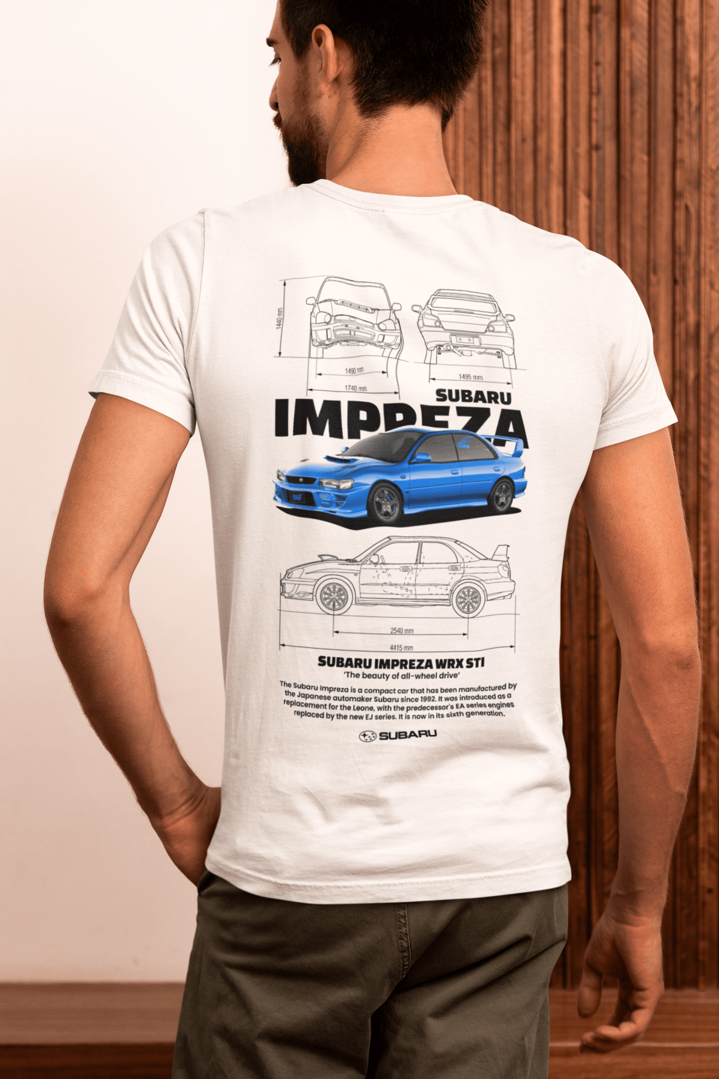 Subaru Impreza WRX STI Graphic T-Shirt — Blueprint + Photo (Rally Blue)