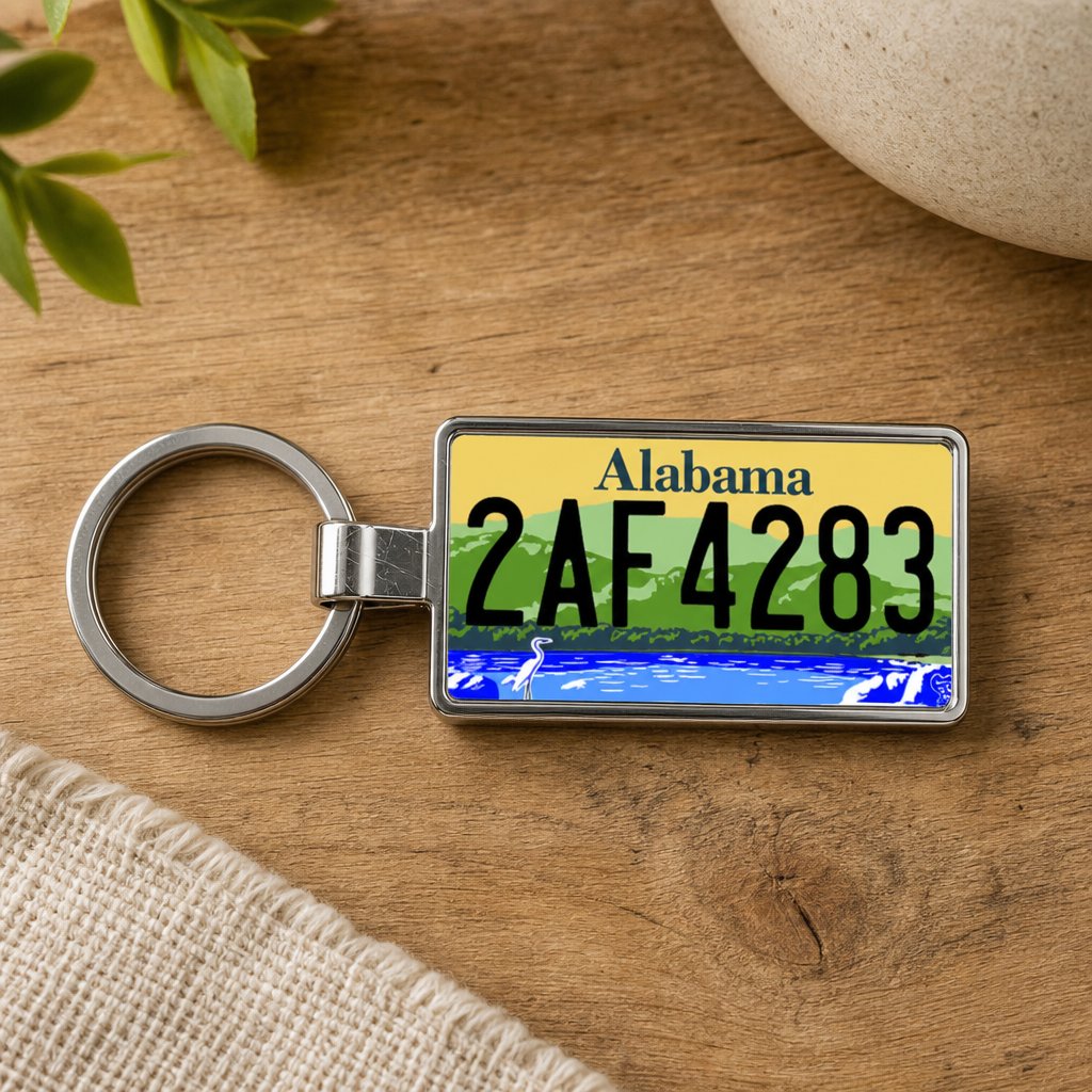 Alabama 2AF4283 license plate keychain on_wood