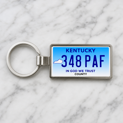Kentucky 348 PAF license plate keychain on_marble