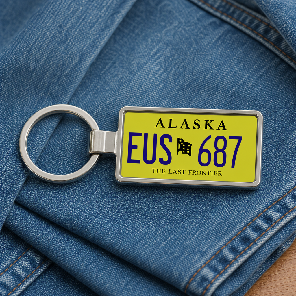 Alaska EUS 687 license plate keychain on_denim