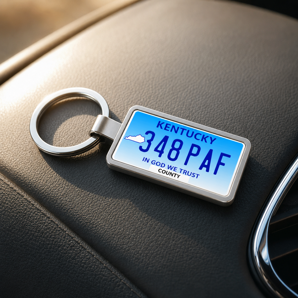 Kentucky 348 PAF license plate keychain on_dashboard