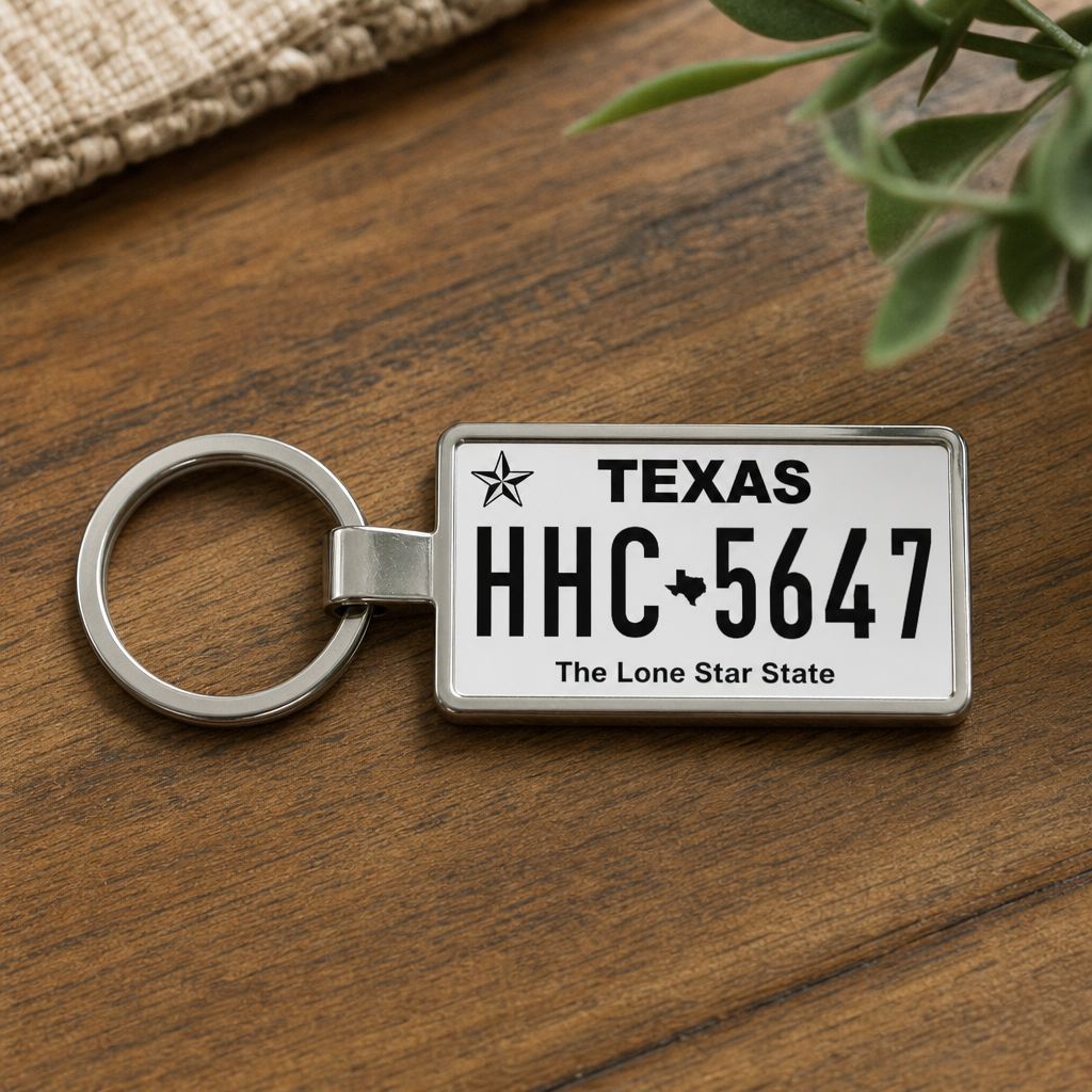 Texas license plate keychain on wood