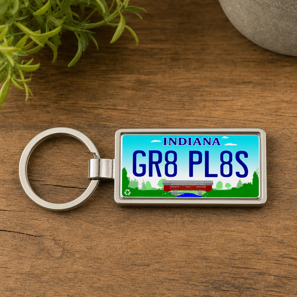 Indiana GR8 PL8S license plate keychain on_wood