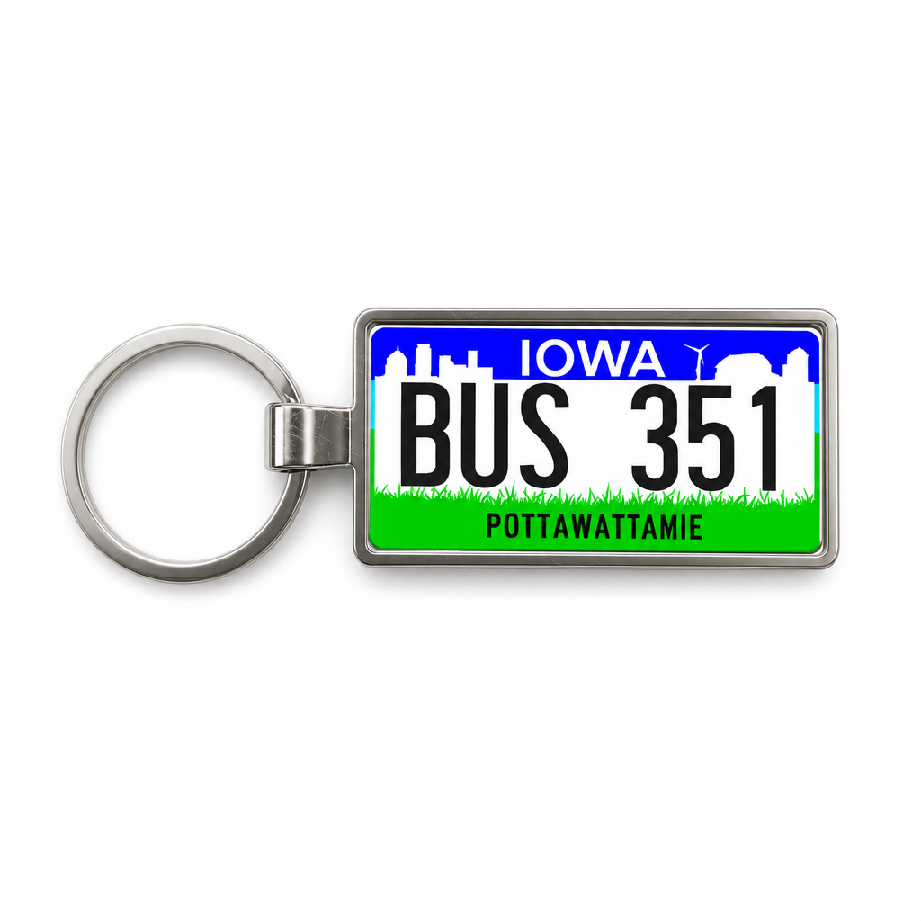 Iowa BUS 351 license plate keychain white_bg