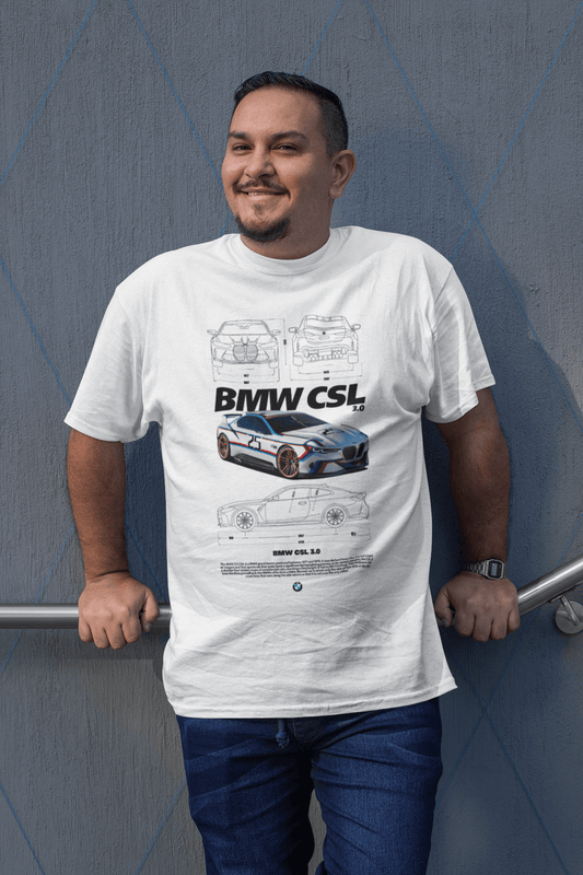 BMW CSL 3.0 Graphic T-Shirt — Blueprint + Photo