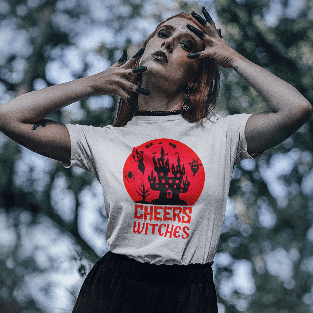 Halloween Cheers Witches T-Shirt - Spooky Castle & Ghosts Design