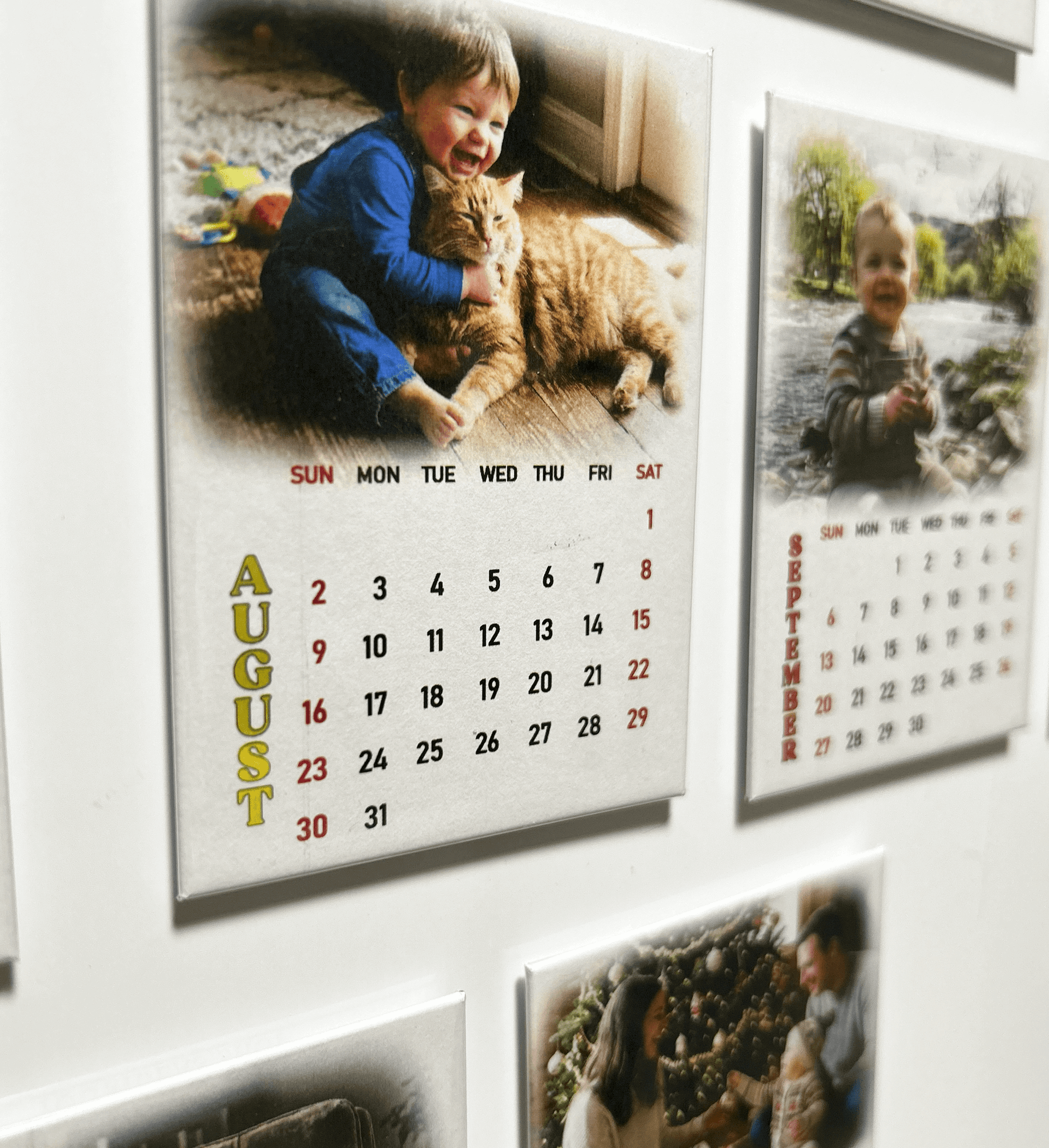 Personalized photo magnet calendar for August featuring a child and a cat.