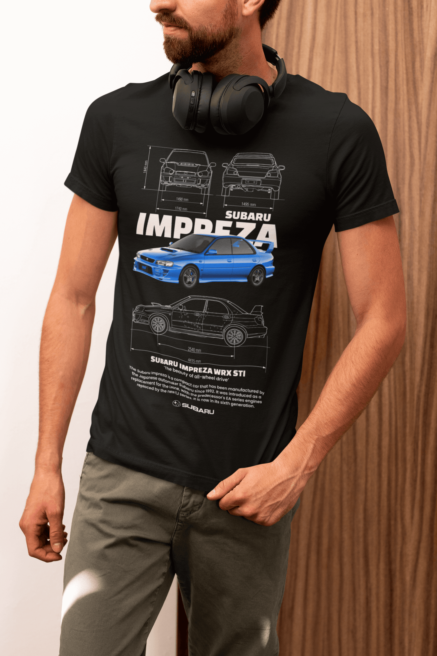 Subaru Impreza WRX STI Graphic T-Shirt — Blueprint + Photo (Rally Blue)