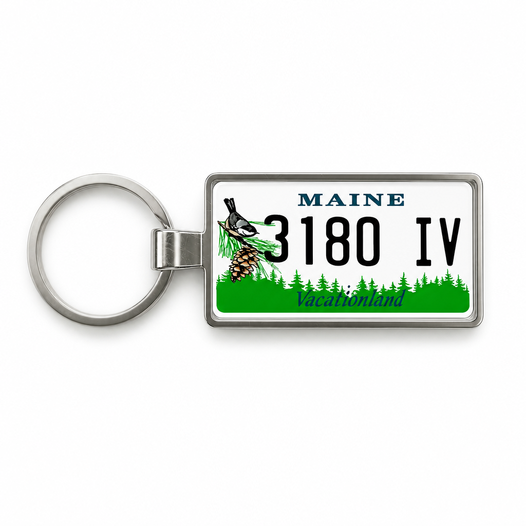 Maine 3180 IV license plate keychain white_bg