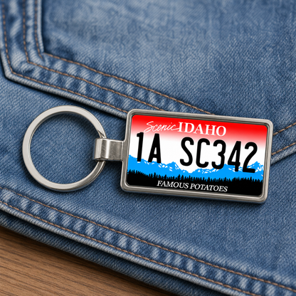 Idaho 1A SC342 license plate keychain on_denim
