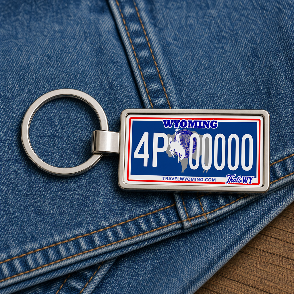 Wyoming license plate keychain on denim