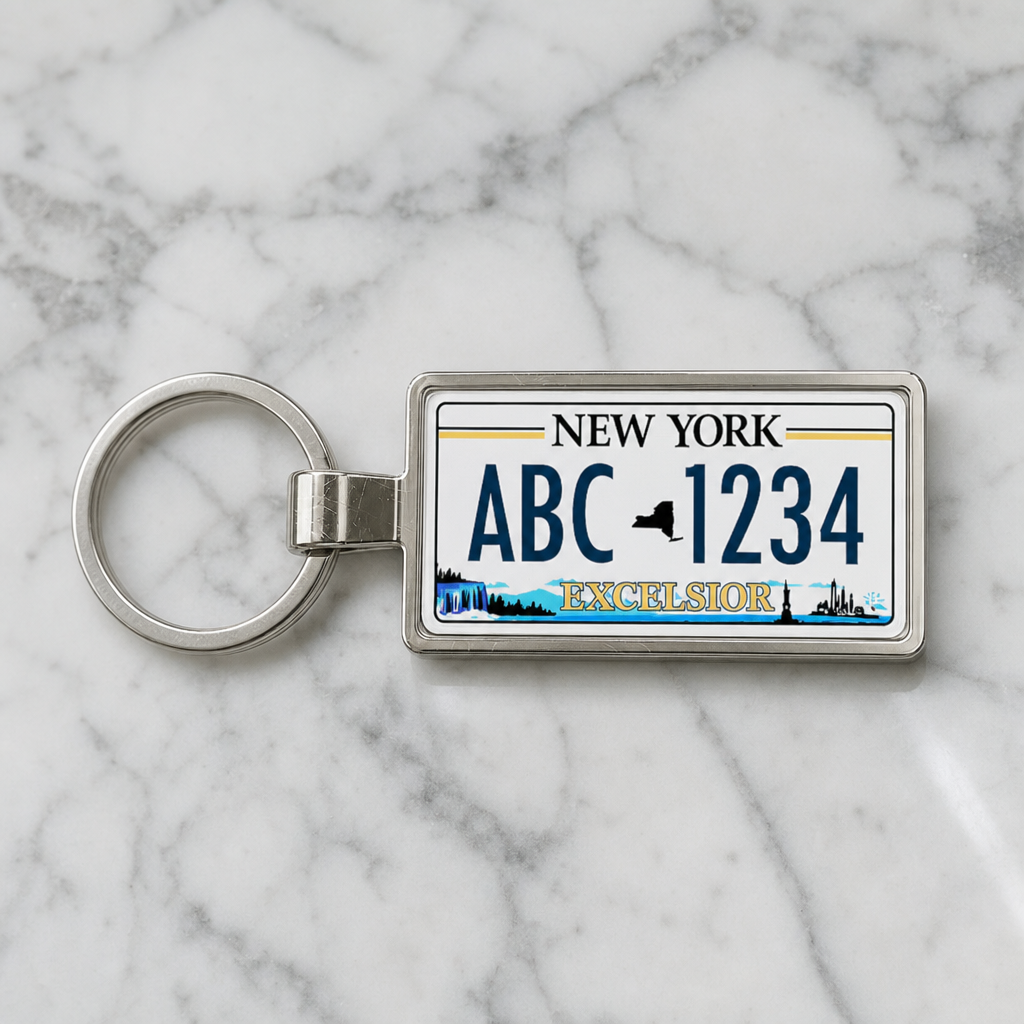 New York ABC 1234 license plate keychain on_marble