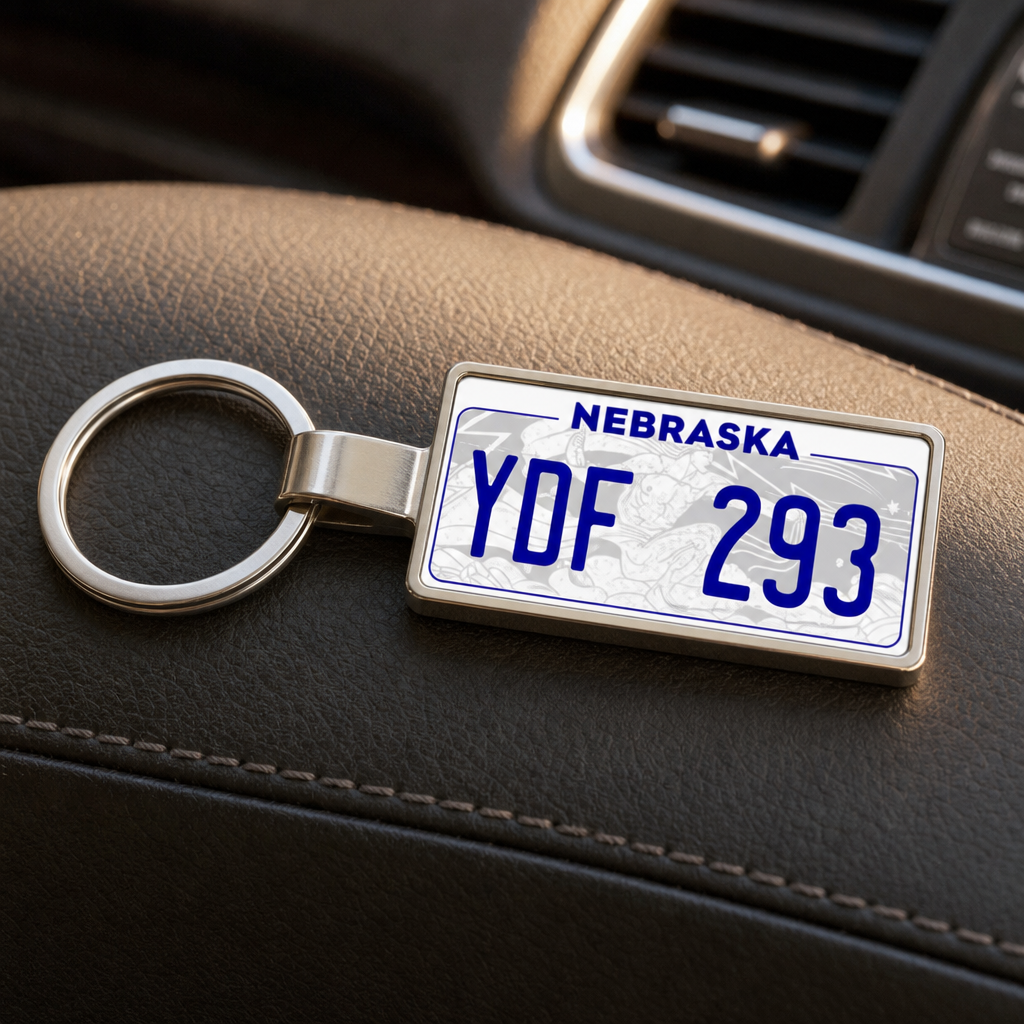 Nebraska YDF 293 license plate keychain on_dashboard