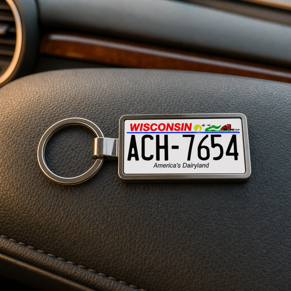 Wisconsin license plate keychain on car dashboard