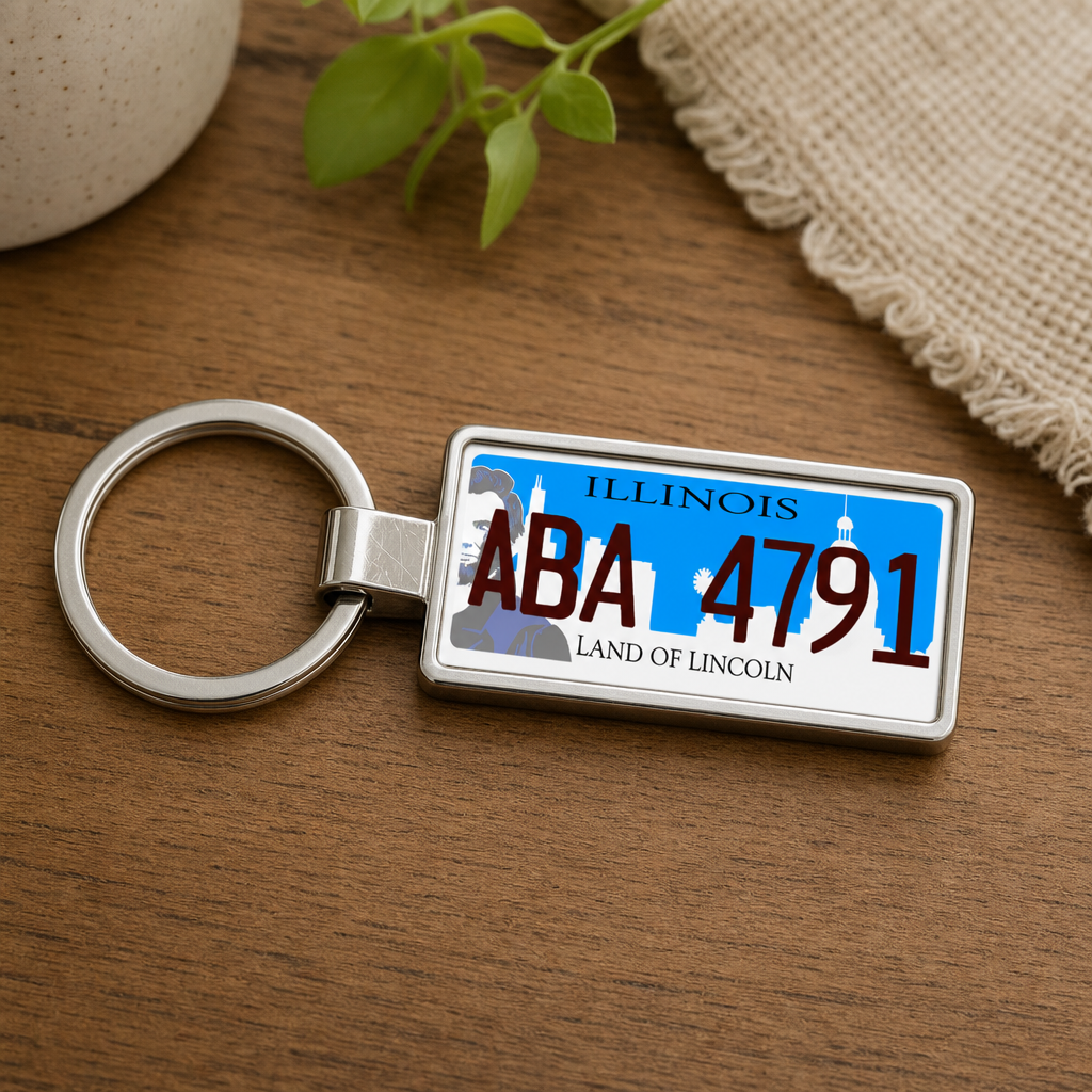 Illinois ABA 4791 license plate keychain on_wood