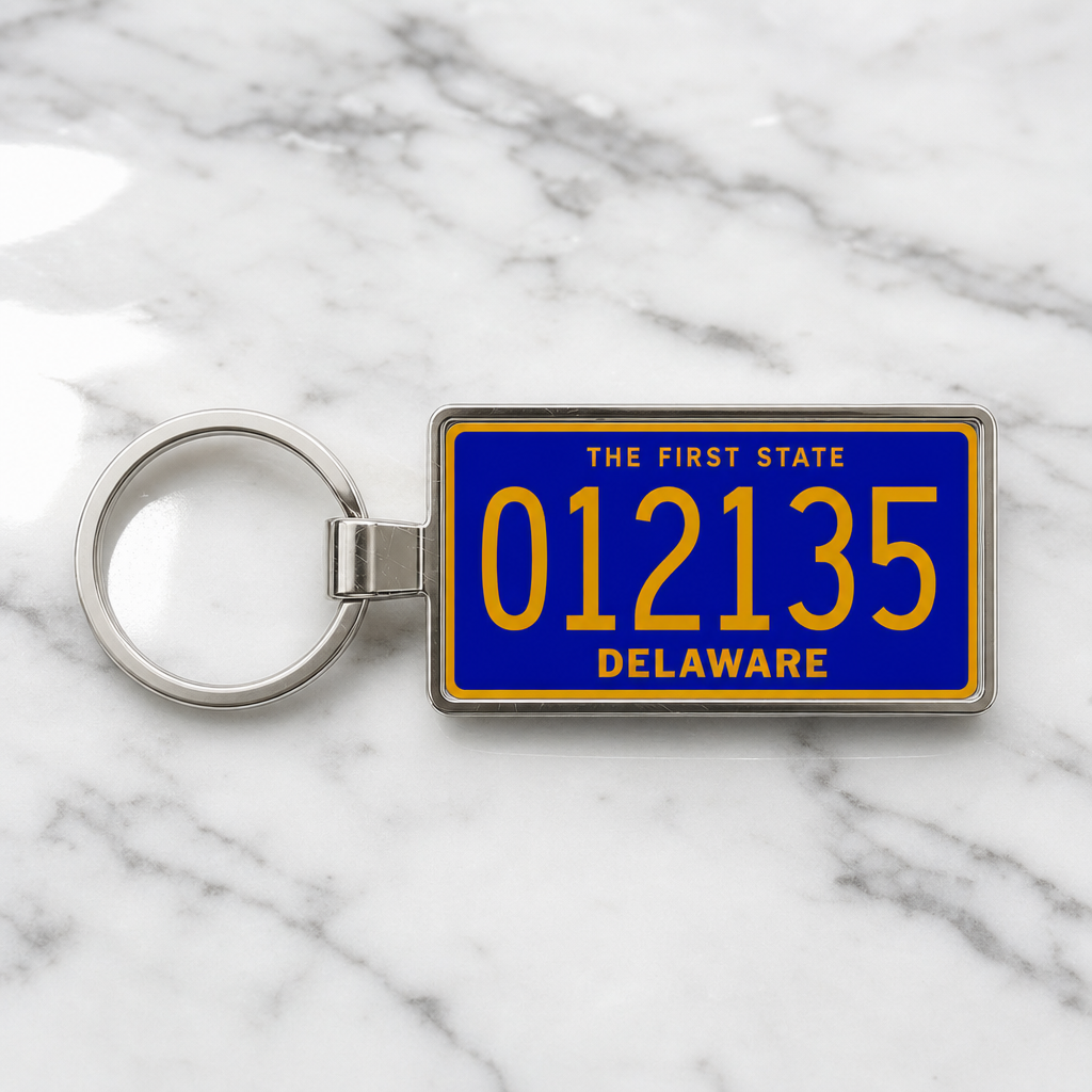 Delaware 012135 license plate keychain on_marble
