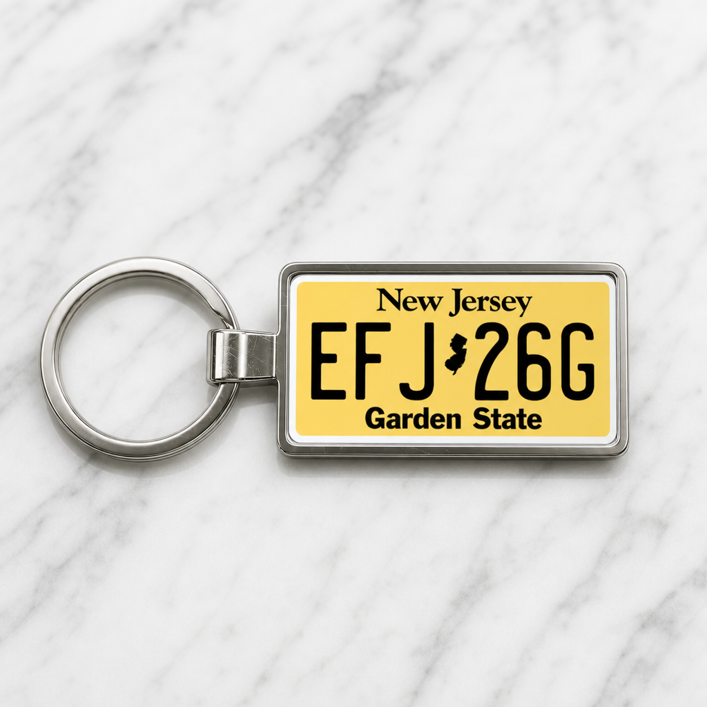 New Jersey EFJ 26G license plate keychain on_marble