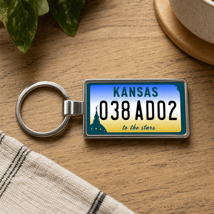 Kansas 038 AD02 license plate keychain on_wood