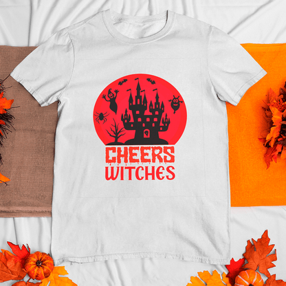 Halloween Cheers Witches T-Shirt - Spooky Castle & Ghosts Design