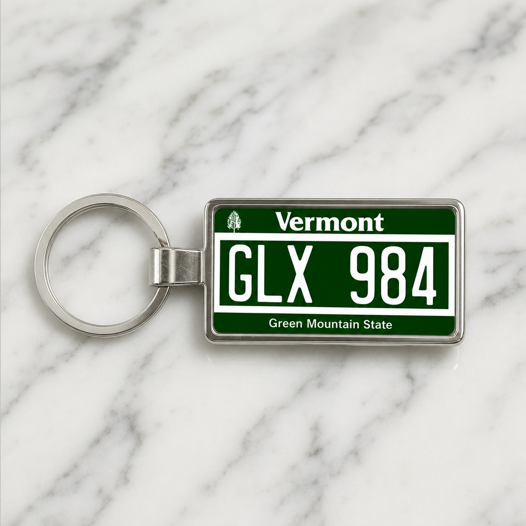 Vermont license plate keychain on marble