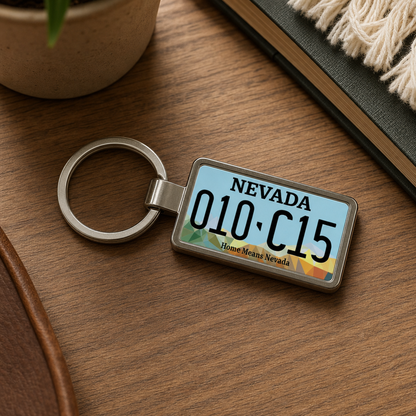 Nevada 010 C15 license plate keychain on_wood