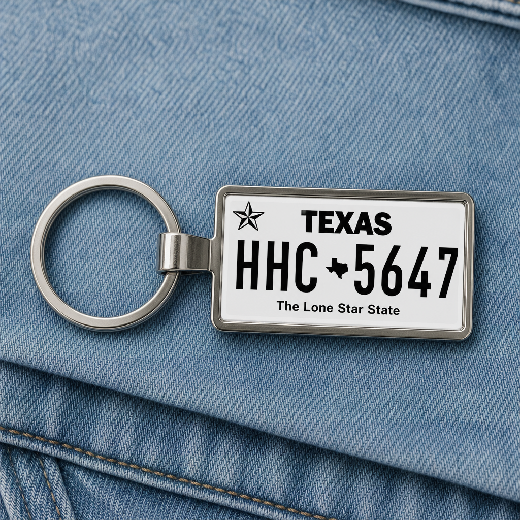 Texas license plate keychain on denim