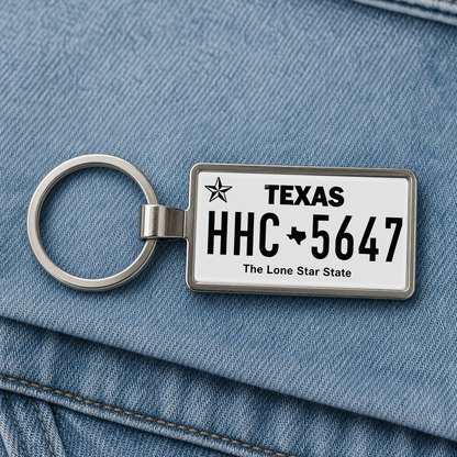 Texas license plate keychain on denim