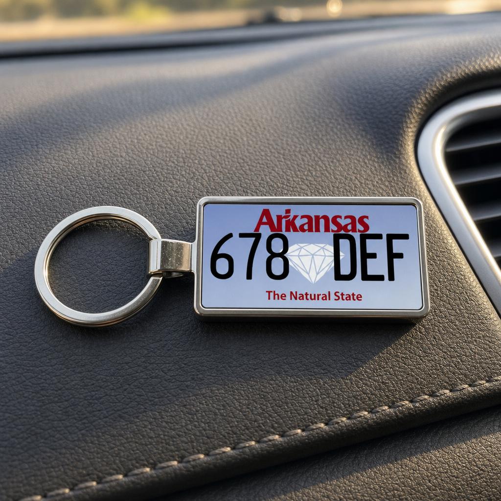 Arkansas 678 DEF license plate keychain on_dashboard