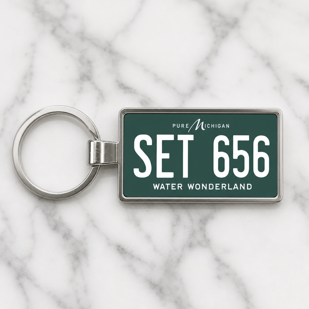 Michigan SET 656 license plate keychain on_marble