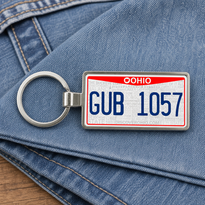 Ohio GUB 1057 license plate keychain on_denim