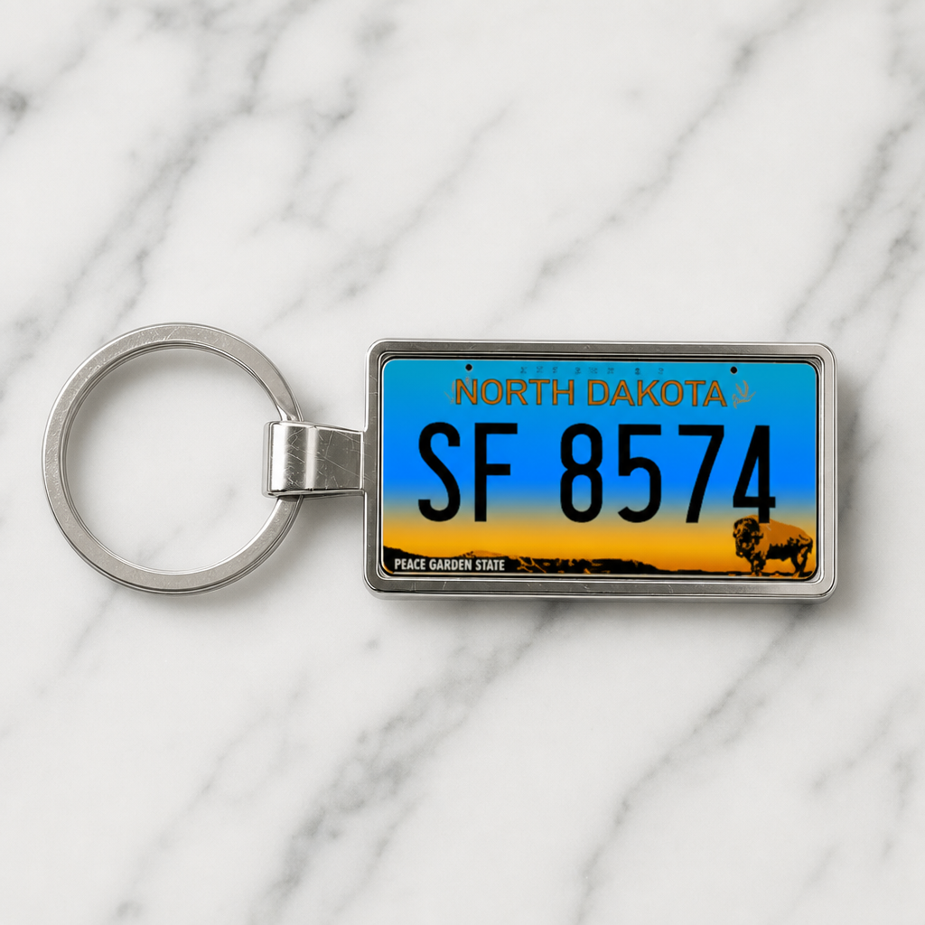 North Dakota SF 8574 license plate keychain on_marble