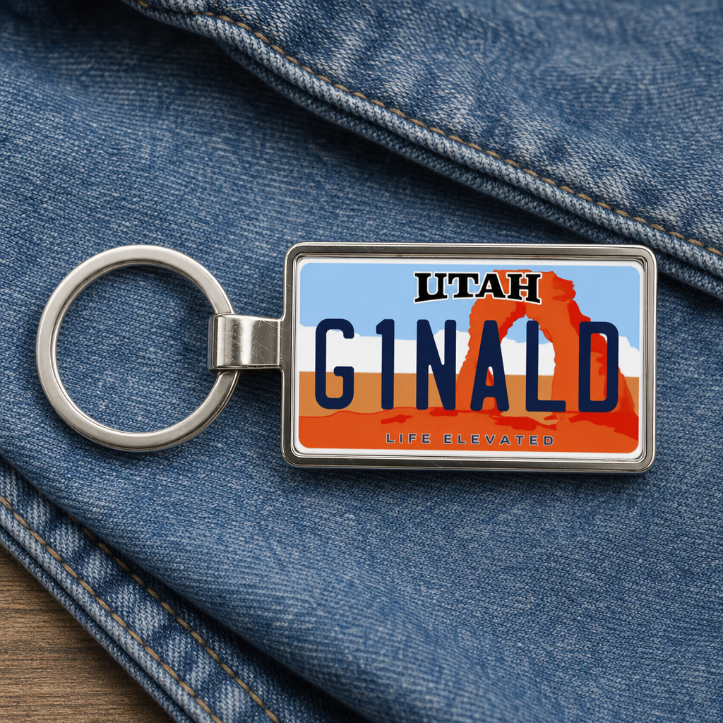 Utah license plate keychain on denim