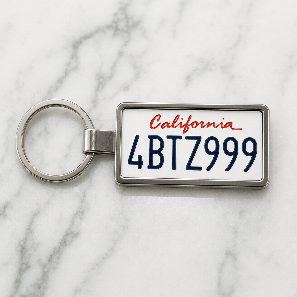 California 4BTZ999 license plate keychain on marble