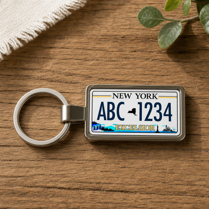 New York ABC 1234 license plate keychain on_wood