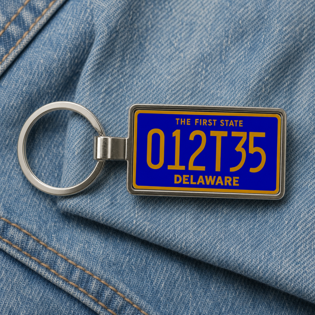 Delaware 012135 license plate keychain on_denim